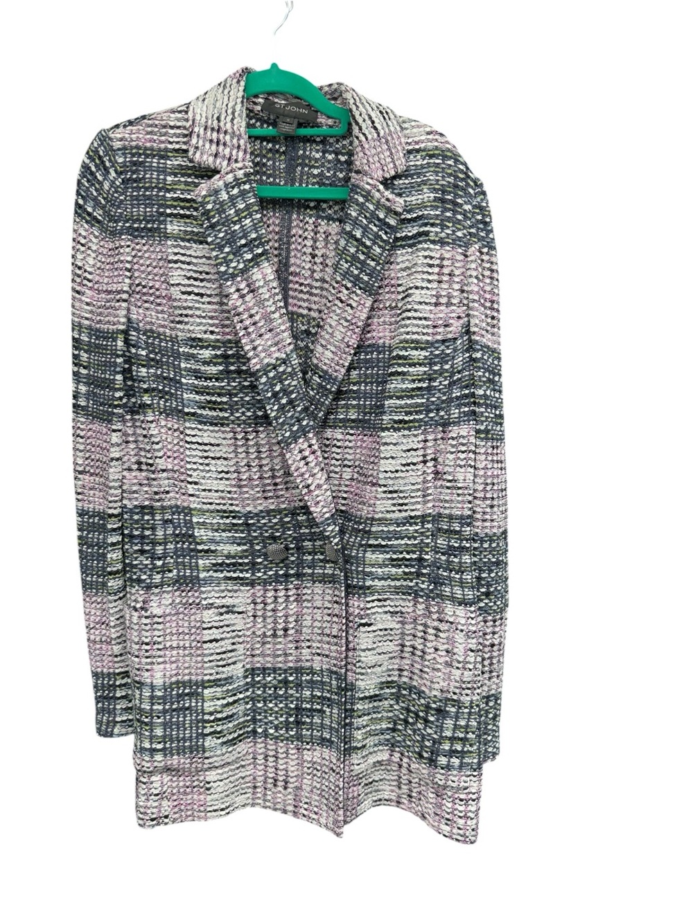 St. John Collection Textured Plaid Knit Blazer in Pink, Gray & White